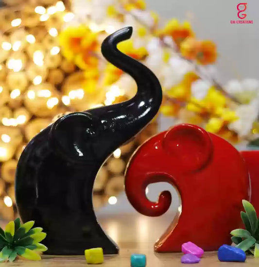 Artisan Red & Black Ceramic Elephant - Classic Charm for Your Home!