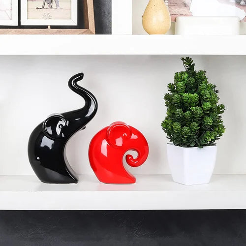 Artisan Red & Black Ceramic Elephant - Classic Charm for Your Home!